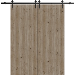 Modern Double Barn Door 36 x 80 inches | BASIC 3001 Caramel Oak | 13FT Rail Track Set | Solid Panel Interior Doors