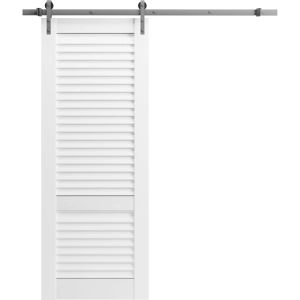 Barn Door 18 x 80 inches | Louver 3388 Primed Wh1te | 6.6FT Silver Rail Track Hardware Set | Louvered Interior Doors