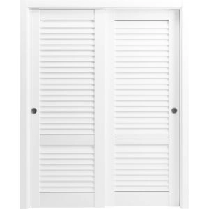 Sliding Closet Bypass Doors 36 x 80 inches | Louver 3388 Primed Wh1te | Rails Hardware Set | Wood Solid Louvered Doors