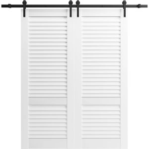 Double Barn Door 36 x 80 inches | Louver 3388 Primed Wh1te | 13FT Rail Track Set | Louvered Interior Doors