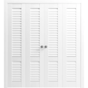 Sliding Closet Double Bi-fold Doors 72 x 80 inches | Louver 3388 Primed Wh1te | Tracks Trims Hardware Set | Wood Solid Louvered Doors