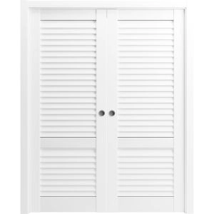 Sliding Double Pocket Doors 36 x 80 inches | Louver 3388 Primed Wh1te | Kit Rail Hardware | Solid Wood Interior Louvered Doors