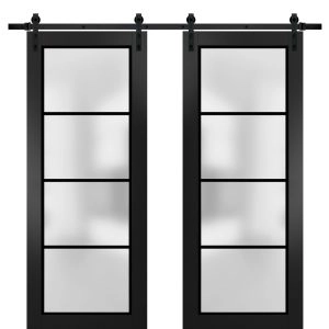 Sturdy Double Barn Door | Planum 2132 Matte Black with Frosted Glass and Aluminum Strips | 13FT Rail Hangers Heavy Set | Modern Solid Panel Interior Doors
