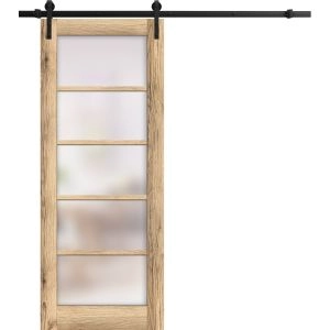 Sturdy Barn Door | Quadro 4002 Oak with Frosted Glass | 6.6FT Rail Hangers Heavy Hardware Set | Solid Panel Interior Doors