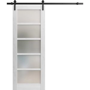 Sturdy Barn Door | Quadro 4002 Nordic White with Frosted Glass | 6.6FT Rail Hangers Heavy Hardware Set | Solid Panel Interior Doors