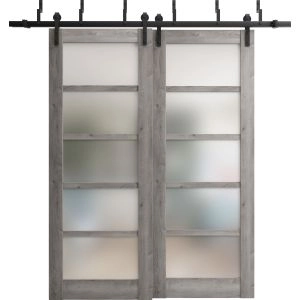 Sliding Closet Barn Bypass Doors | Quadro 4002 Nebraska Grey with Frosted Glass | Sturdy 6.6ft Rails Hardware Set | Wood Solid Bedroom Wardrobe Doors 