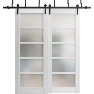 Sliding Closet Barn Bypass Doors | Quadro 4002 Nordic White with Frosted Glass | Sturdy 6.6ft Rails Hardware Set | Wood Solid Bedroom Wardrobe Doors 