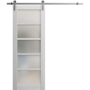 Sturdy Barn Door | Quadro 4002 Light Grey Oak with Frosted Glass | 6.6FT Rail Hangers Heavy Hardware Set | Solid Panel Interior Doors