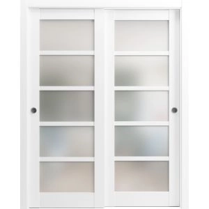 Sliding Closet Bypass Doors | Quadro 4002 White Silk with Frosted Glass | Sturdy Rails Moldings Trims Hardware Set | Wood Solid Bedroom Wardrobe Doors 