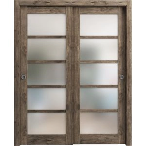 Sliding Closet Bypass Doors | Quadro 4002 Cognac Oak with Frosted Glass | Sturdy Rails Moldings Trims Hardware Set | Wood Solid Bedroom Wardrobe Doors 