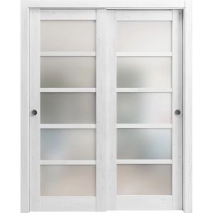 Sliding Closet Bypass Doors | Quadro 4002 Nordic White with Frosted Glass | Sturdy Rails Moldings Trims Hardware Set | Wood Solid Bedroom Wardrobe Doors 