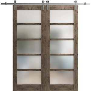 Sturdy Double Barn Door with Frosted Glass | Quadro 4002 Cognac Oak | 13FT Rail Hangers Heavy Set | Solid Panel Interior Doors-72" x 80" (2* 36x80)