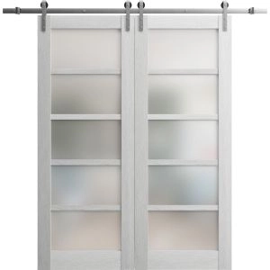 Sturdy Double Barn Door with Frosted Glass | Quadro 4002 Light Grey Oak | 13FT Rail Hangers Heavy Set | Solid Panel Interior Doors-64" x 84" (2* 32x84)