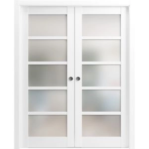 French Double Pocket Doors | Quadro 4002 White Silk with Frosted Glass | Kit Trims Rail Hardware | Solid Wood Interior Pantry Kitchen Bedroom Sliding Closet Sturdy Door