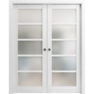 Sliding French Double Pocket Doors | Quadro 4002 Nordic White with Frosted Glass | Kit Trims Rail Hardware | Solid Wood Interior Bedroom Sturdy Doors