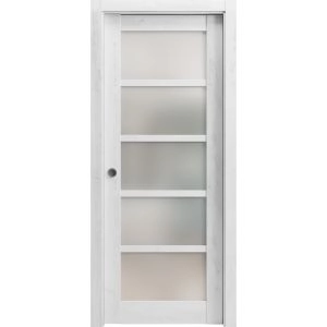 Sliding French Pocket Door | Quadro 4002 Nordic White with Frosted Glass | Kit Trims Rail Hardware | Solid Wood Interior Bedroom Sturdy Doors