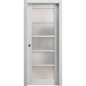 Sliding French Pocket Door | Quadro 4002 Light Grey Oak with Frosted Glass | Kit Trims Rail Hardware | Solid Wood Interior Bedroom Sturdy Doors