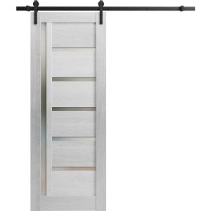 Sturdy Barn Door | Quadro 4088 Light Grey Oak with Frosted Glass | 6.6FT Rail Hangers Heavy Hardware Set | Solid Panel Interior Doors