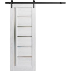 Sturdy Barn Door | Quadro 4088 Nordic White with Frosted Glass | 6.6FT Rail Hangers Heavy Hardware Set | Solid Panel Interior Doors