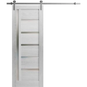 Sturdy Barn Door | Quadro 4088 Light Grey Oak with Frosted Glass | 6.6FT Rail Hangers Heavy Hardware Set | Solid Panel Interior Doors