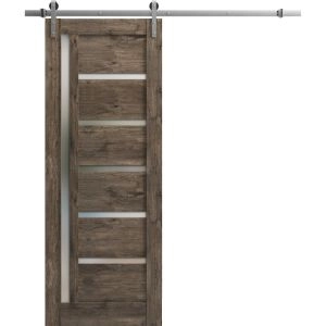 Sturdy Barn Door | Quadro 4088 Cognac Oak with Frosted Glass | 6.6FT Rail Hangers Heavy Hardware Set | Solid Panel Interior Doors