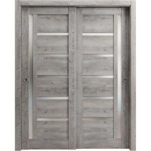 Sliding Closet Bypass Doors | Quadro 4088 Nebraska Grey with Frosted Glass | Sturdy Rails Moldings Trims Hardware Set | Wood Solid Bedroom Wardrobe Doors 