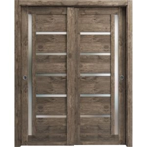 Sliding Closet Bypass Doors | Quadro 4088 Cognac Oak with Frosted Glass | Sturdy Rails Moldings Trims Hardware Set | Wood Solid Bedroom Wardrobe Doors 