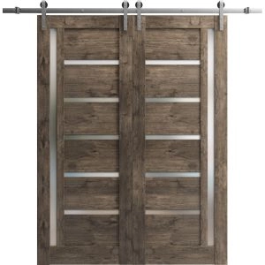 Sturdy Double Barn Door with Frosted Glass | Quadro 4088 Cognac Oak | 13FT Rail Hangers Heavy Set | Solid Panel Interior Doors-64" x 80" (2* 32x80)