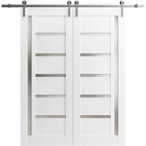 Sturdy Double Barn Door with | Quadro 4088 White Silk with Frosted Glass | Silver 13FT Rail Hangers Heavy Set | Solid Panel Interior Doors