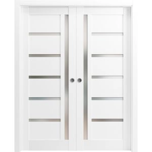 Sliding French Double Pocket Doors | Quadro 4088 White Silk with Frosted Glass | Kit Trims Rail Hardware | Solid Wood Interior Bedroom Sturdy Doors
