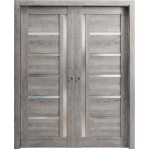 Sliding French Double Pocket Doors | Quadro 4088 Nebraska Grey with Frosted Glass | Kit Trims Rail Hardware | Solid Wood Interior Bedroom Sturdy Doors