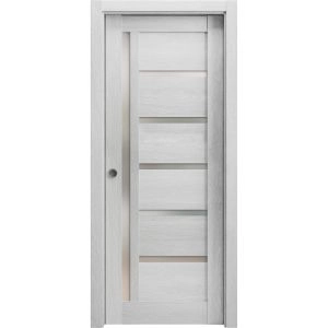 Sliding French Pocket Door | Quadro 4088 Light Grey Oak with Frosted Glass | Kit Trims Rail Hardware | Solid Wood Interior Bedroom Sturdy Doors