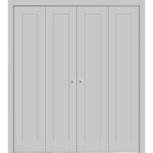 Sliding Closet Double Bi-fold Doors | Quadro 4111 Matte Grey with Glass | Sturdy Tracks Moldings Trims Hardware Set | Wood Solid Bedroom Wardrobe Doors 