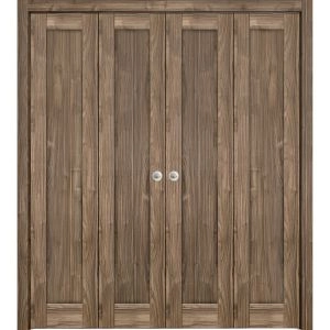 Sliding Closet Double Bi-fold Doors | Quadro 4111 Walnut | Sturdy Tracks Moldings Trims Hardware Set | Wood Solid Bedroom Wardrobe Doors 