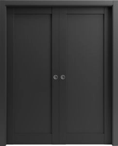 French Double Pocket Doors | Quadro 4111 Matte Black | Kit Trims Rail Hardware | Solid Wood Interior Pantry Kitchen Bedroom Sliding Closet Sturdy Door