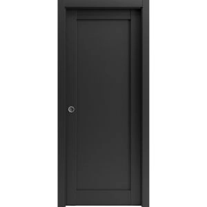 Panel Lite Pocket Door | Quadro 4111 Matte Black | Kit Trims Rail Hardware | Solid Wood Interior Pantry Kitchen Bedroom Sliding Closet Sturdy Doors