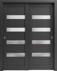 Sliding Closet Bypass Doors with hardware | Quadro 4113 Matte Black with Frosted Glass | Sturdy Rails Moldings Trims Set | Kitchen Lite Wooden Solid Bedroom Wardrobe Doors 
