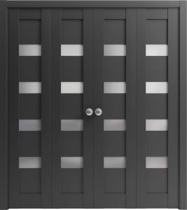 Sliding Closet Double Bi-fold Doors | Quadro 4113 Matte Black with Frosted Glass | Sturdy Tracks Moldings Trims Hardware Set | Wood Solid Bedroom Wardrobe Doors 