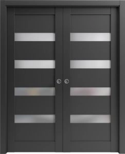 French Double Pocket Doors | Quadro 4113 Matte Black with Frosted Glass | Kit Trims Rail Hardware | Solid Wood Interior Pantry Kitchen Bedroom Sliding Closet Sturdy Door