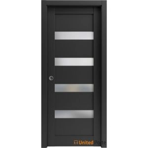 Panel Lite Pocket Door | Quadro 4113 Matte Black with Frosted Glass | Kit Trims Rail Hardware | Solid Wood Interior Pantry Kitchen Bedroom Sliding Closet Sturdy Doors