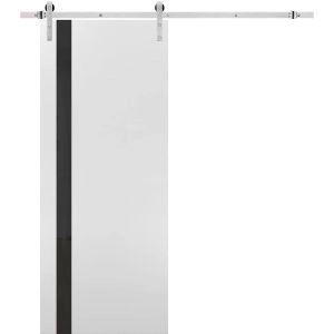Sturdy Barn Door | Planum 0040 White Silk with Black Glass | Silver 6.6FT Rail Hangers Heavy Hardware Set | Solid Panel Interior Doors