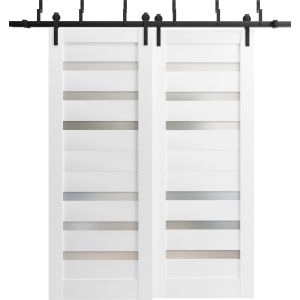 Sliding Closet Barn Bypass Doors | Quadro 4266 White Silk with Frosted Glass | Sturdy 6.6ft Rails Hardware Set | Wood Solid Bedroom Wardrobe Doors 