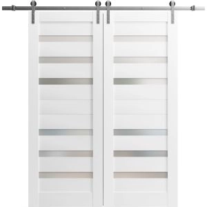 Sturdy Double Barn Door | Quadro 4266 White Silk with Frosted Glass | Silver 13FT Rail Hangers Heavy Set | Solid Panel Interior Doors