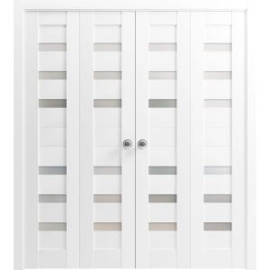 Sliding Closet Double Bi-fold Doors | Quadro 4266 White Silk with Frosted Glass | Sturdy Tracks Moldings Trims Hardware Set | Wood Solid Bedroom Wardrobe Doors 