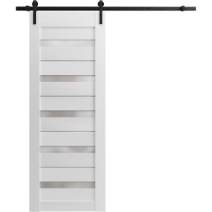 Sturdy Barn Door | Quadro 4445 White Silk with Frosted Glass | 6.6FT Rail Hangers Heavy Hardware Set | Solid Panel Interior Doors