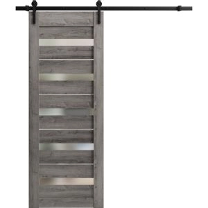 Sturdy Barn Door | Quadro 4445 Nebraska Grey with Frosted Glass | 6.6FT Rail Hangers Heavy Hardware Set | Solid Panel Interior Doors