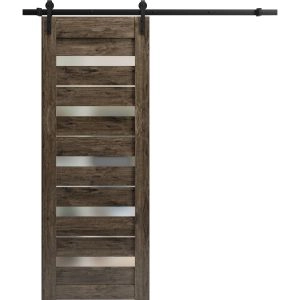 Sturdy Barn Door | Quadro 4445 Cognac Oak with Frosted Glass | 6.6FT Rail Hangers Heavy Hardware Set | Solid Panel Interior Doors
