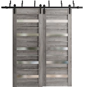 Sliding Closet Barn Bypass Doors | Quadro 4445 Nebraska Grey with Frosted Glass | Sturdy 6.6ft Rails Hardware Set | Wood Solid Bedroom Wardrobe Doors 