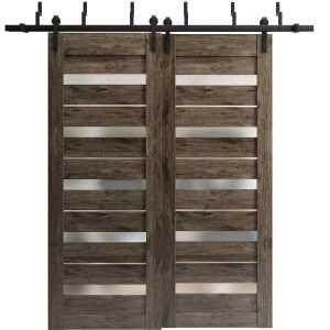 Sliding Closet Barn Bypass Doors | Quadro 4445 Cognac Oak with Frosted Glass | Sturdy 6.6ft Rails Hardware Set | Wood Solid Bedroom Wardrobe Doors 