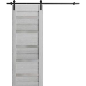 Sturdy Barn Door | Quadro 4445 Light Grey Oak with Frosted Glass | 6.6FT Rail Hangers Heavy Hardware Set | Solid Panel Interior Doors